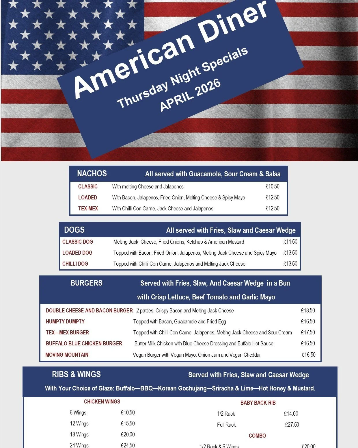 Fancy an American Diner experience in our restaurant every Thursday next month, starting on 2nd April 5.30pm-8.30pm? We'll have plenty of nachos, dogs, burgers, ribs &amp; wings all done in classic American style! 

Nachos come with 2 sides: 

🔴 Gua
