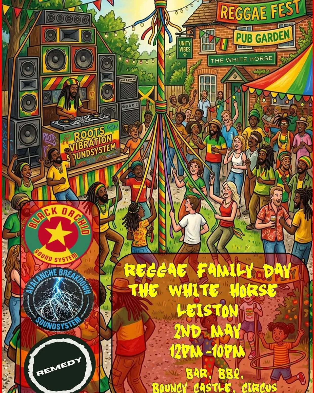 Reggae Family Day this Saturday 2nd May 12pm-10pm! 

Bar, BBQ, Bouncy Castle, and Circus. 

Plus live music from Black Orchid Sound System, Avalanche Breakdown Sound System, and Remedy!