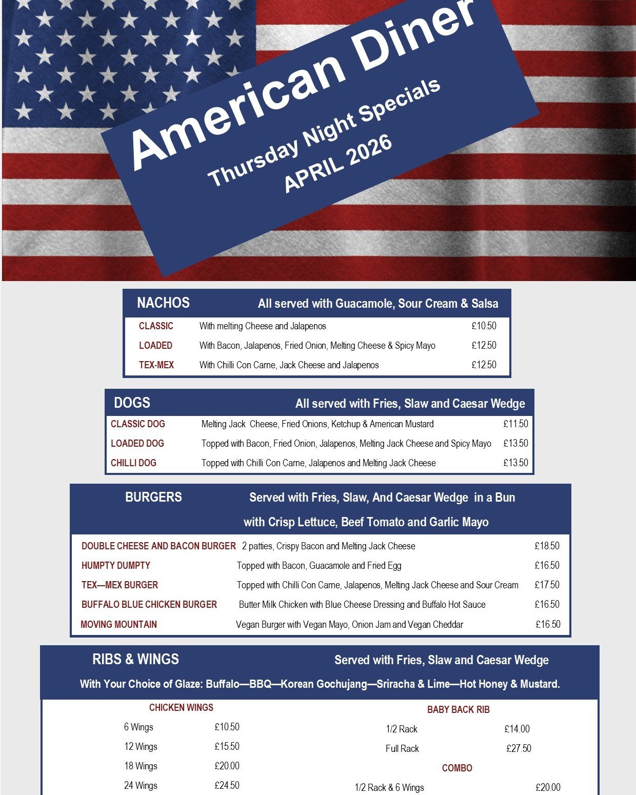This Thursday from 5.30pm-8.30pm it's your final chance to experience our American Diner menu before we switch over our specials for May. 

Check out what's available below and don't hesitate to book a table or walk in!