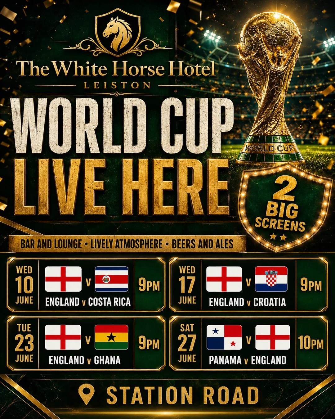 Heads-up we'll be showing all of England's World Cup group-stage matches live here in our bar and lounge, starting with the final warm-up match against Costa Rica on Wednesday 10th. First few dates and kick-off times on the poster!