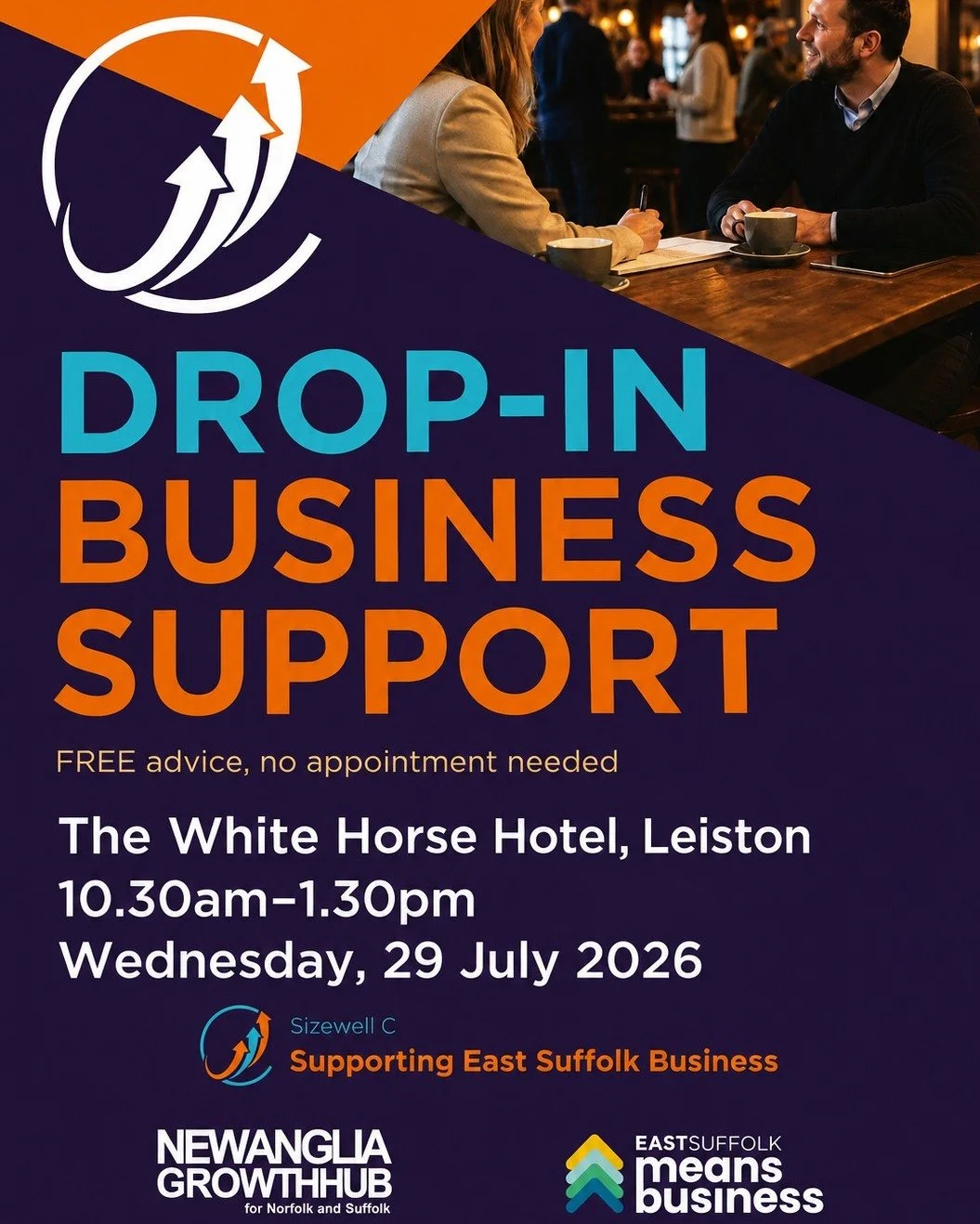 Coming up on Wednesday 29th July from 10.30am-1.30pm we'll be hosting a drop-in business support session run by Sizewell C and sponsored by New Anglia Growth Hub and East Suffolk Means Business. 

Support is available on a wide range of topics and wi