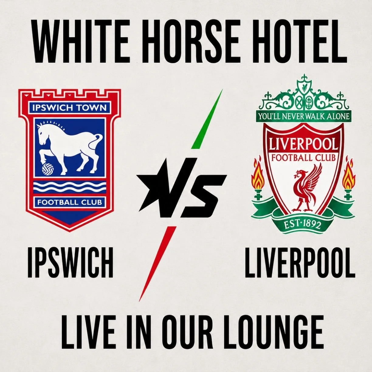 We'll be showing Ipswich vs Liverpool from 8pm tomorrow on our big screens in the bar and lounge!