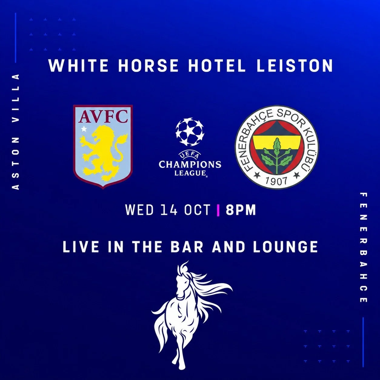 2 more matches today! Both kick off at 8pm, so we'll split them across the bar and lounge. Aston Villa vs Fenerbahce, and Man City vs PSG.
