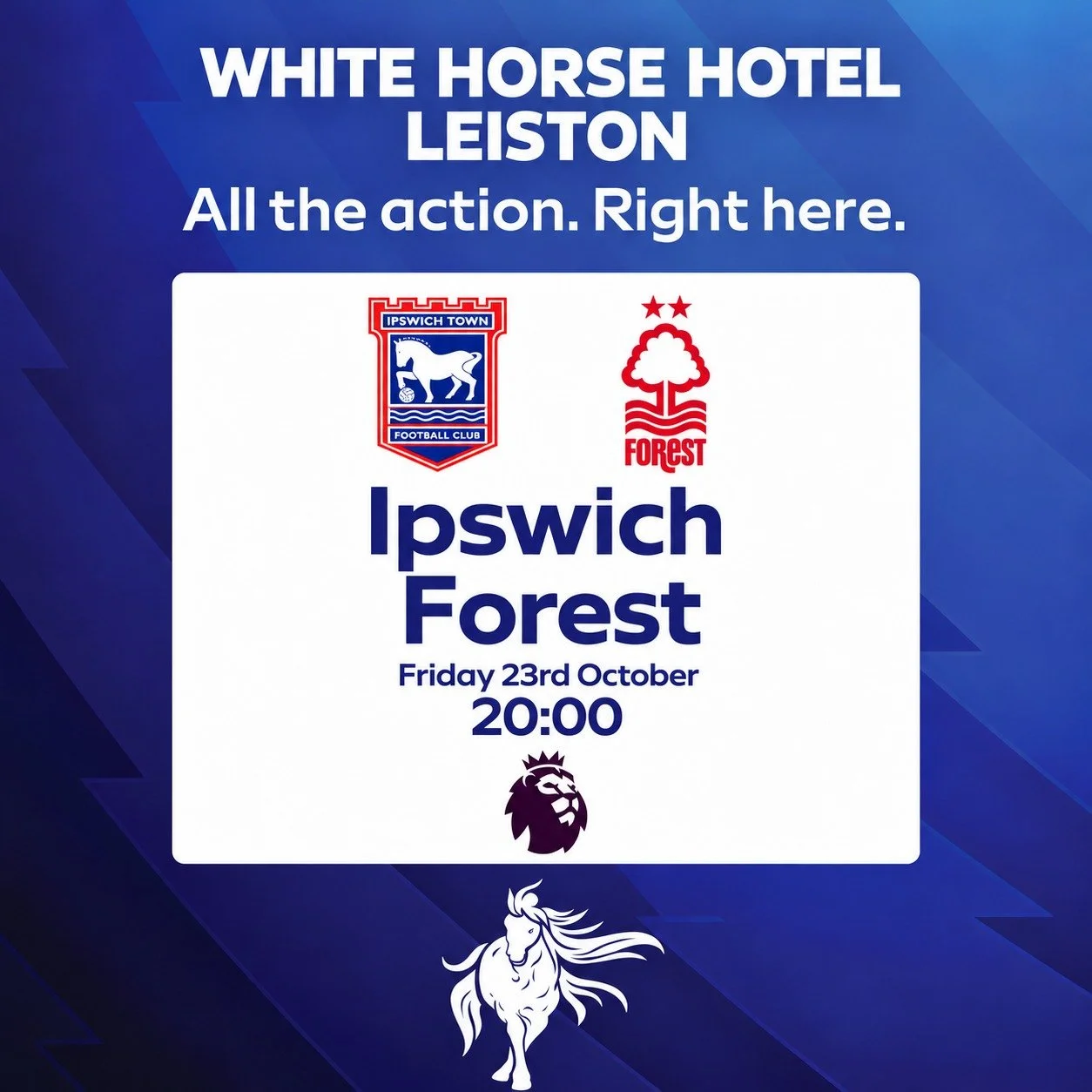 Tonight at 8pm we'll be showing the Ipswich vs Forest match. We'll also have live music from The Worries Band featuring Randal from 8.45pm in the bar, so the match will be available on the TV in the snug!