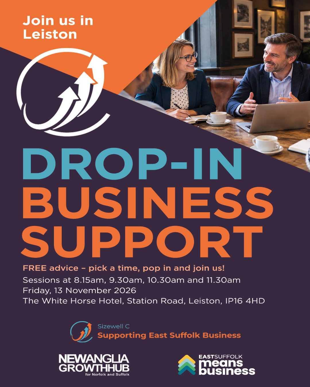 We'll be hosting a series of drop-in sessions with local business experts on Friday 13th November. No need to book! 

🕗 Sessions: 8:15am, 9:30am, 10:30am &amp; 11:30am

✅ Free business advice and guidance

✅ Breakfast roll, tea and coffee

✅ 15-minu