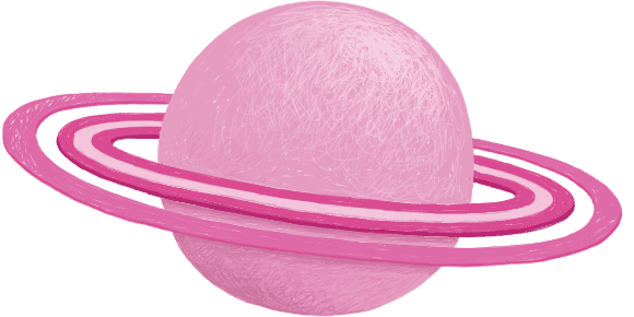Pink spherical object with a textured surface, surrounded by pink rings resembling a planet with rings.