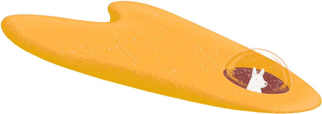 A stylized illustration of a yellow space rocket with a white dog inside a glass bubble at the front.