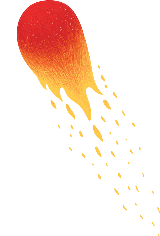 A stylized digital illustration of a meteor or fireball with a red and orange glowing head and a yellow tail, appearing to streak downward across a black background.