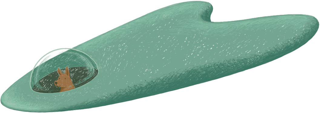 A cartoon illustration of a spaceship with a glass dome cockpit containing a dog.