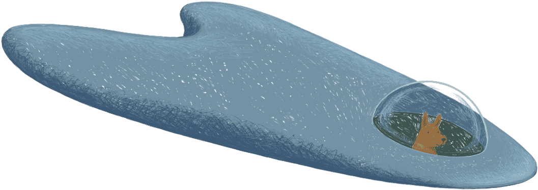 Illustration of a light blue spaceship with a transparent cockpit, showing a small orange animal inside.