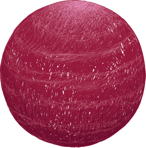 A digitally drawn pinkish-red sphere with white scribbles and lines.