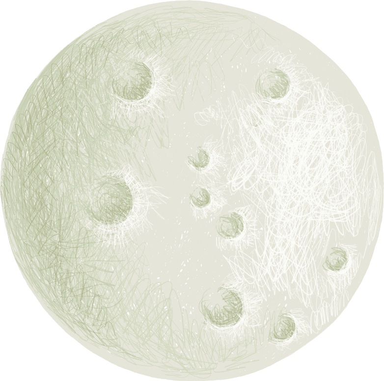 A stylized, abstract drawing of the moon with craters on its surface, depicted with light green scribbles and shading.