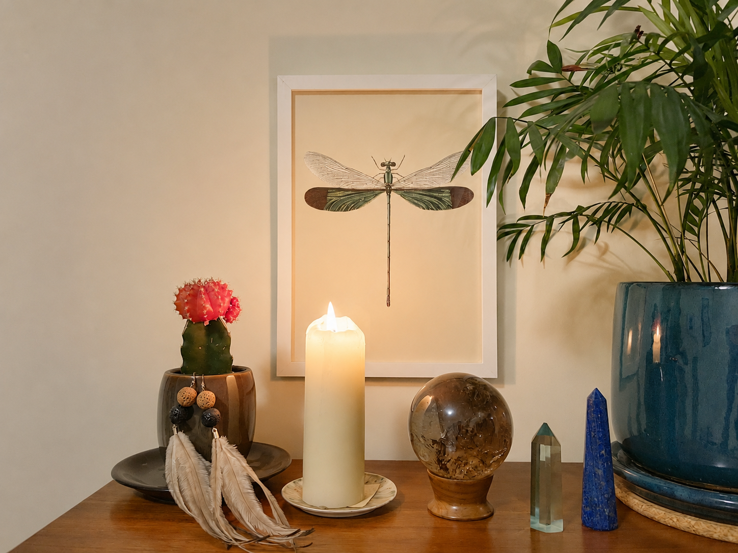 Decorative tabletop display featuring a framed dragonfly print, candle, cactus, crystal sphere, and indoor plant.