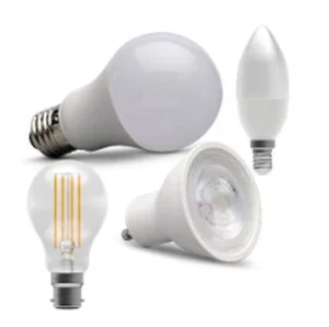 A collection of different white LED light bulbs of various shapes and sizes.