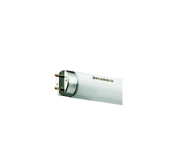 Close-up of a Sylvania compact fluorescent light bulb with a white body and gold pins.