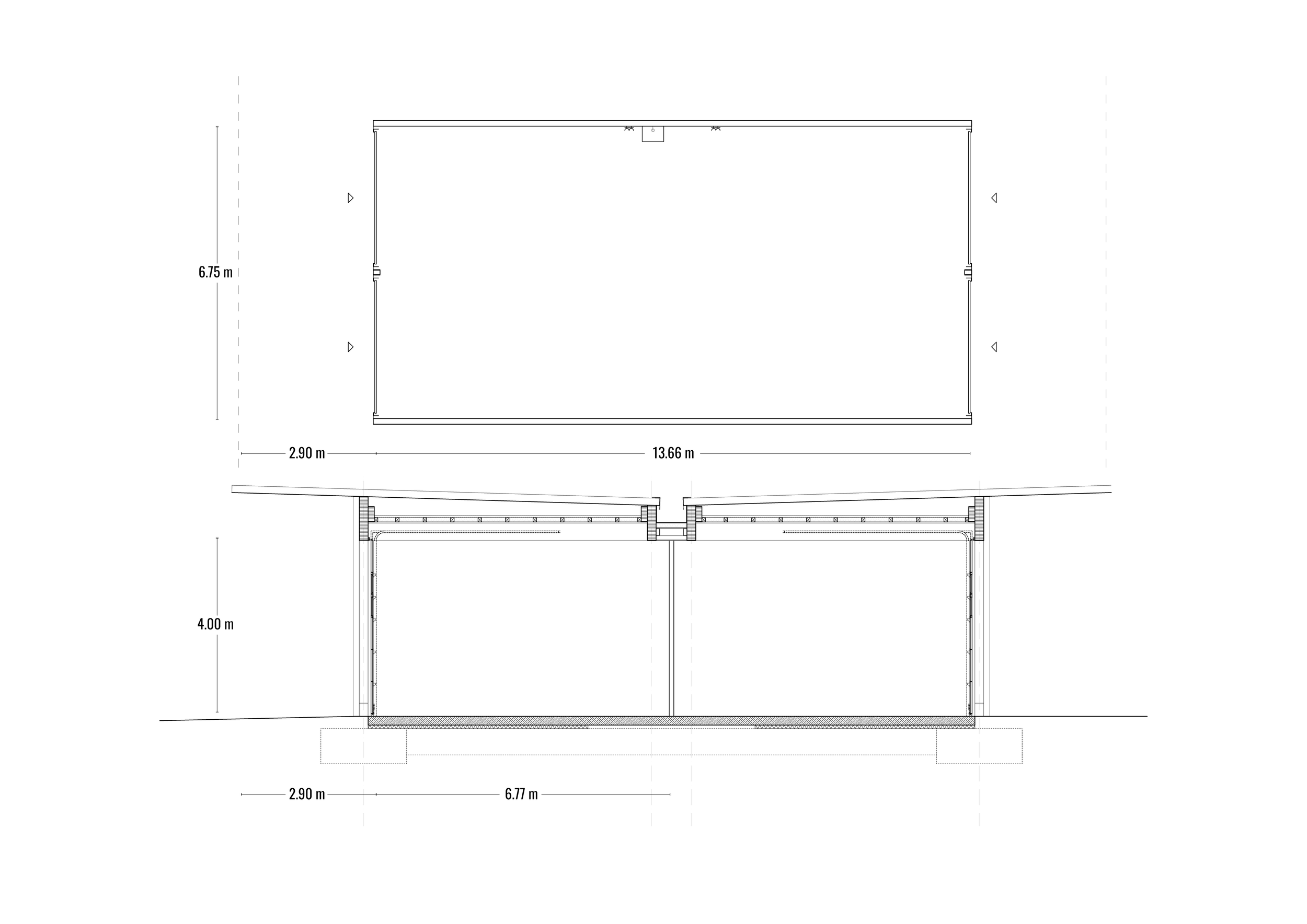 Eine technische Zeichnung mit Grundriss und Seitenansicht eines rechteckigen Gebäudes oder Raums. Maße sind angegeben: 6,75 m Höhe, 13,66 m Länge, 2,90 m Breite und 4,00 m Höhe für andere Maßlinien. Zwischenmaße zeigen 6,77 m Breite.