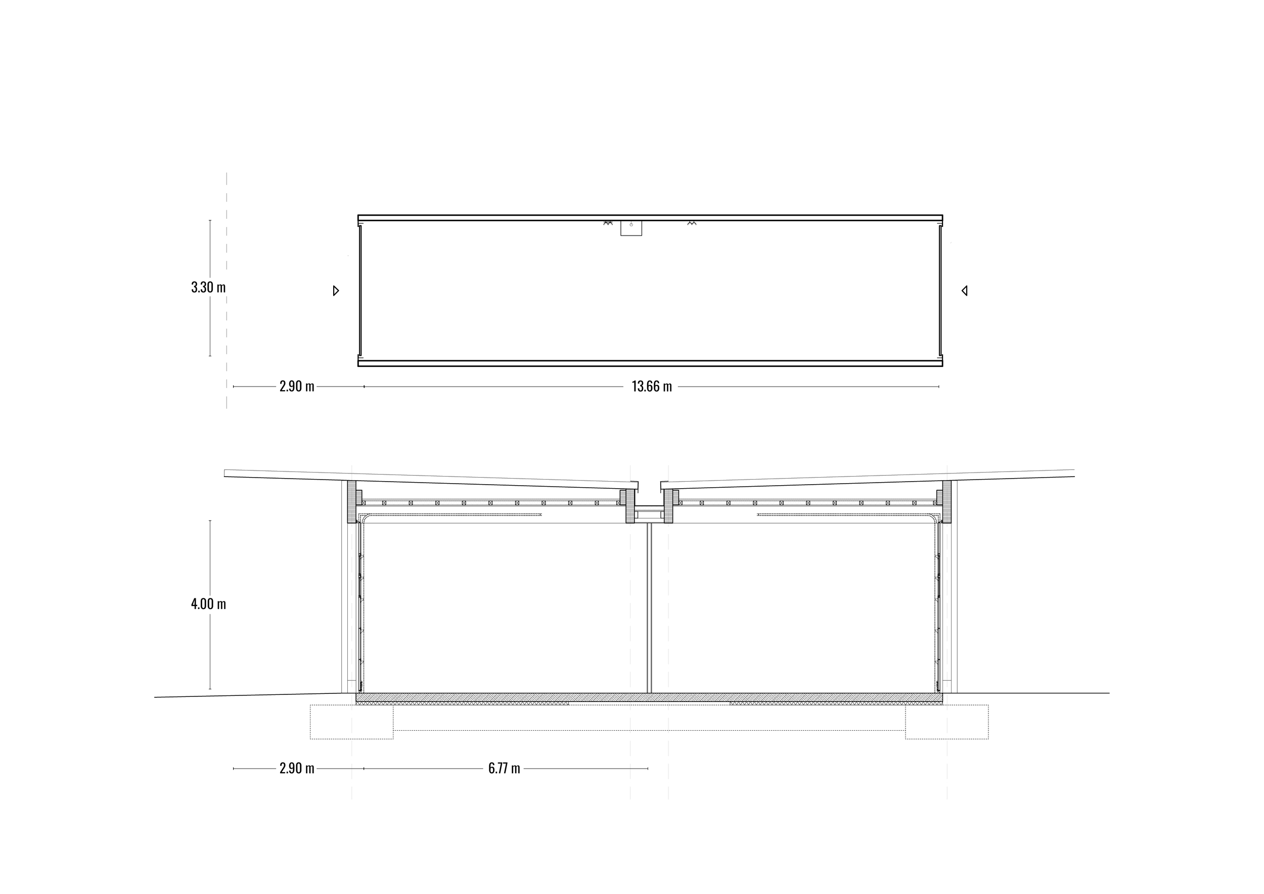 Architektonische Zeichnung eines Gebäudes mit Abmessungen, Draufsicht und Querschnitt.