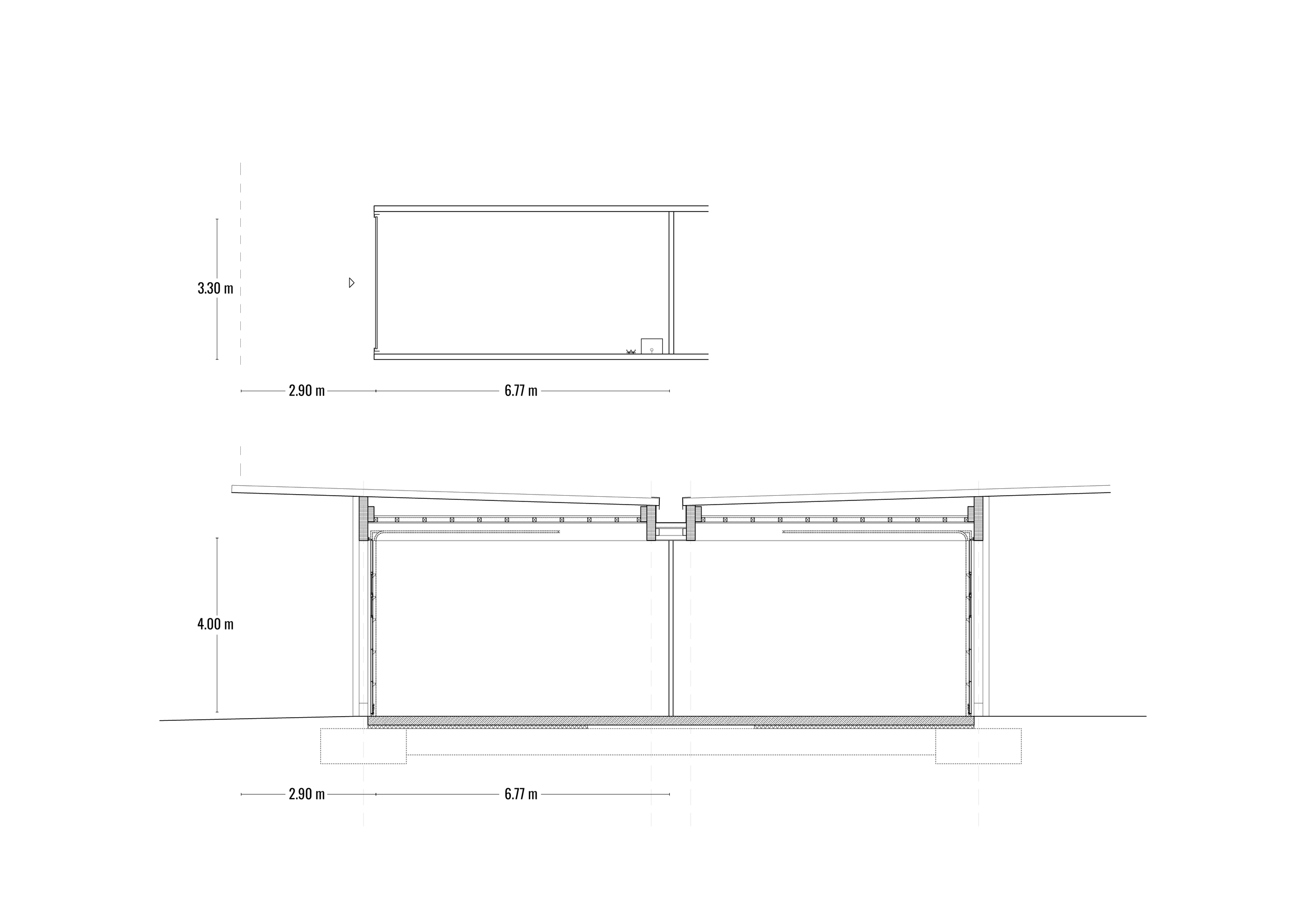 Architektonische Zeichnung einer Querschnittsansicht eines Gebäudes mit zwei Ebenen und Abmessungen in Metern.