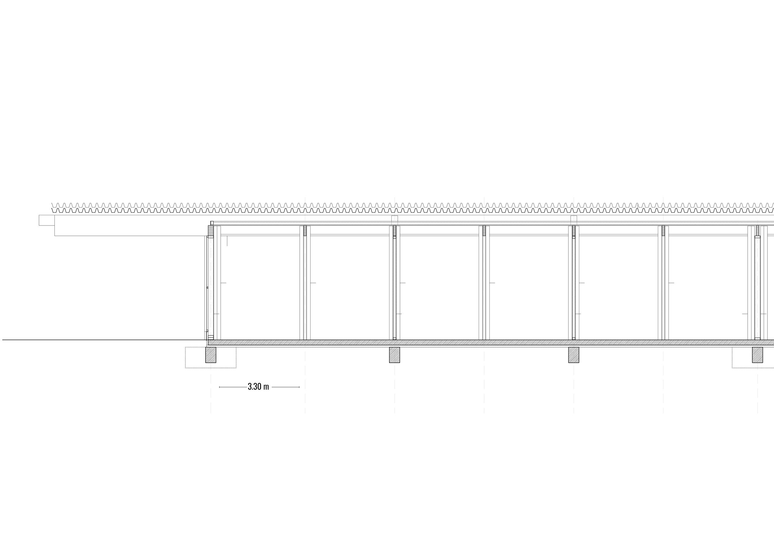 Architekturzeichnung eines Gebäudeschnitts mit linearen Strukturen, die Stützen, ein Dach und einen Boden zeigen, mit einer messbaren Distanz von 3,30 m zwischen den Stützen.