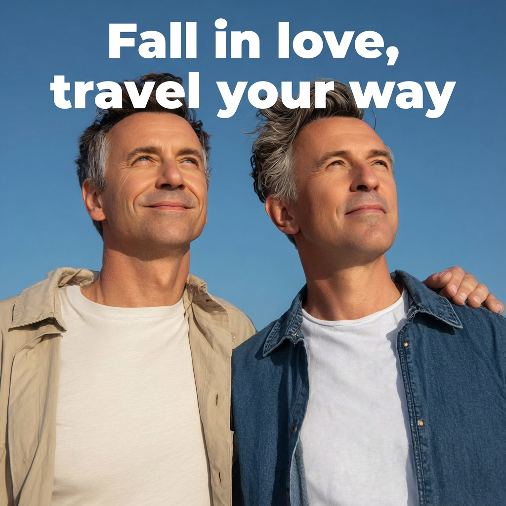 Two men standing close together and smiling while looking into the distance under a clear blue sky, with the text “Fall in love, travel your way” at the top.