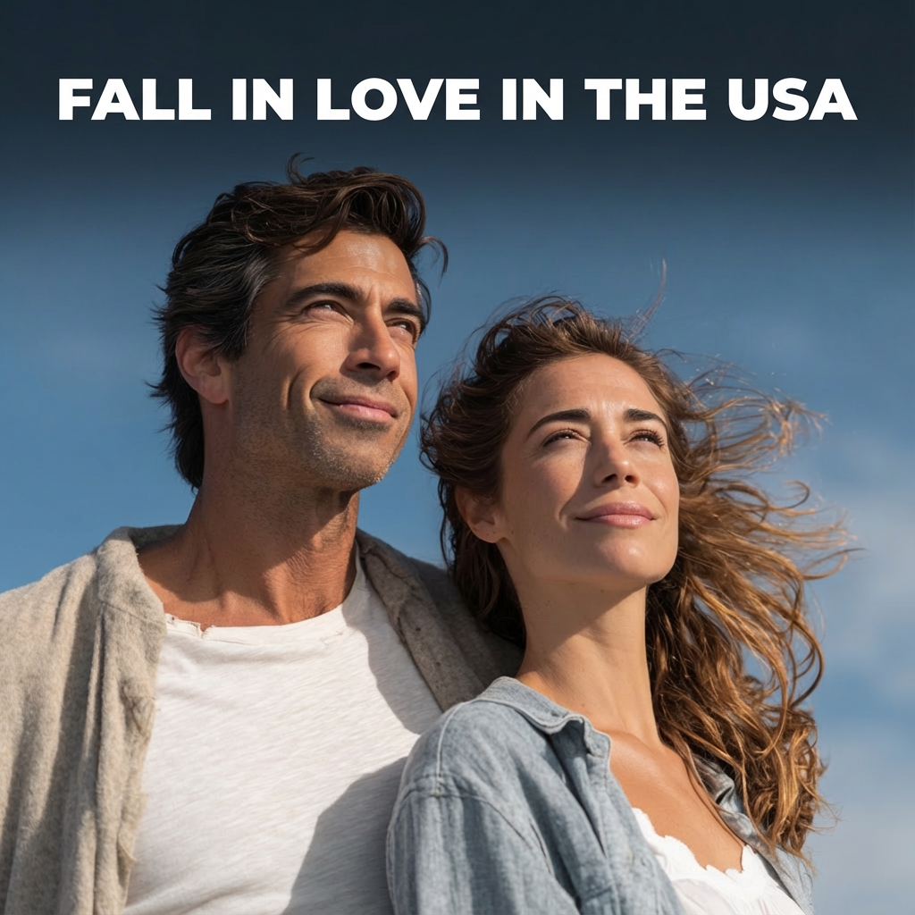 Couple standing close outdoors under a clear blue sky, with large white headline text at the top reading “FALL IN LOVE IN THE USA.”