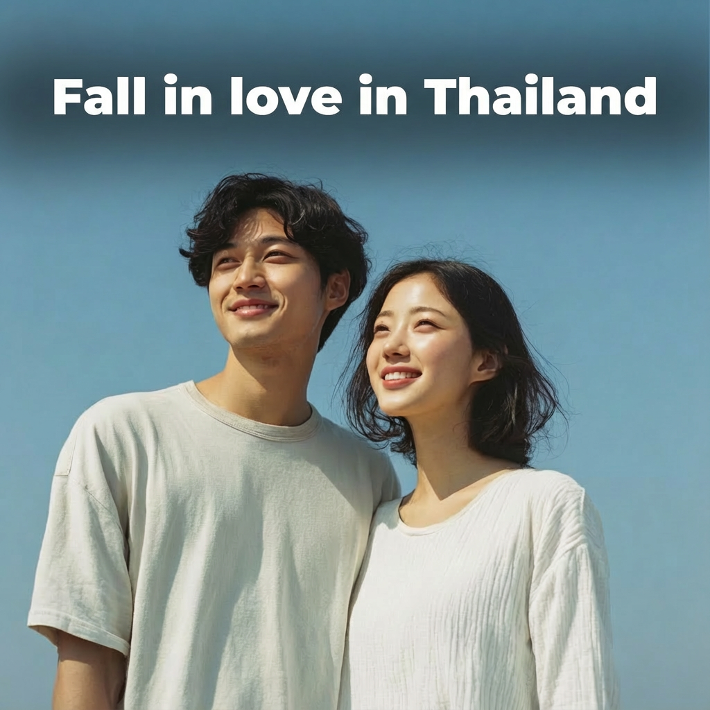 Thailand romantic vacations cover image: a smiling couple standing together under a bright blue sky with the text “Fall in love in Thailand.”