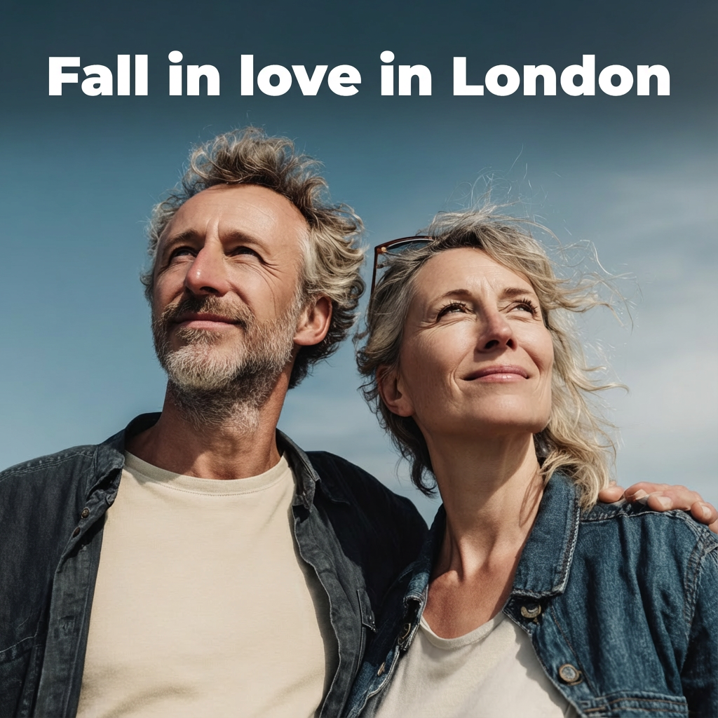 Couple standing close and smiling while looking into the distance under a cloudy sky, with the headline text “Fall in love in London” at the top.
