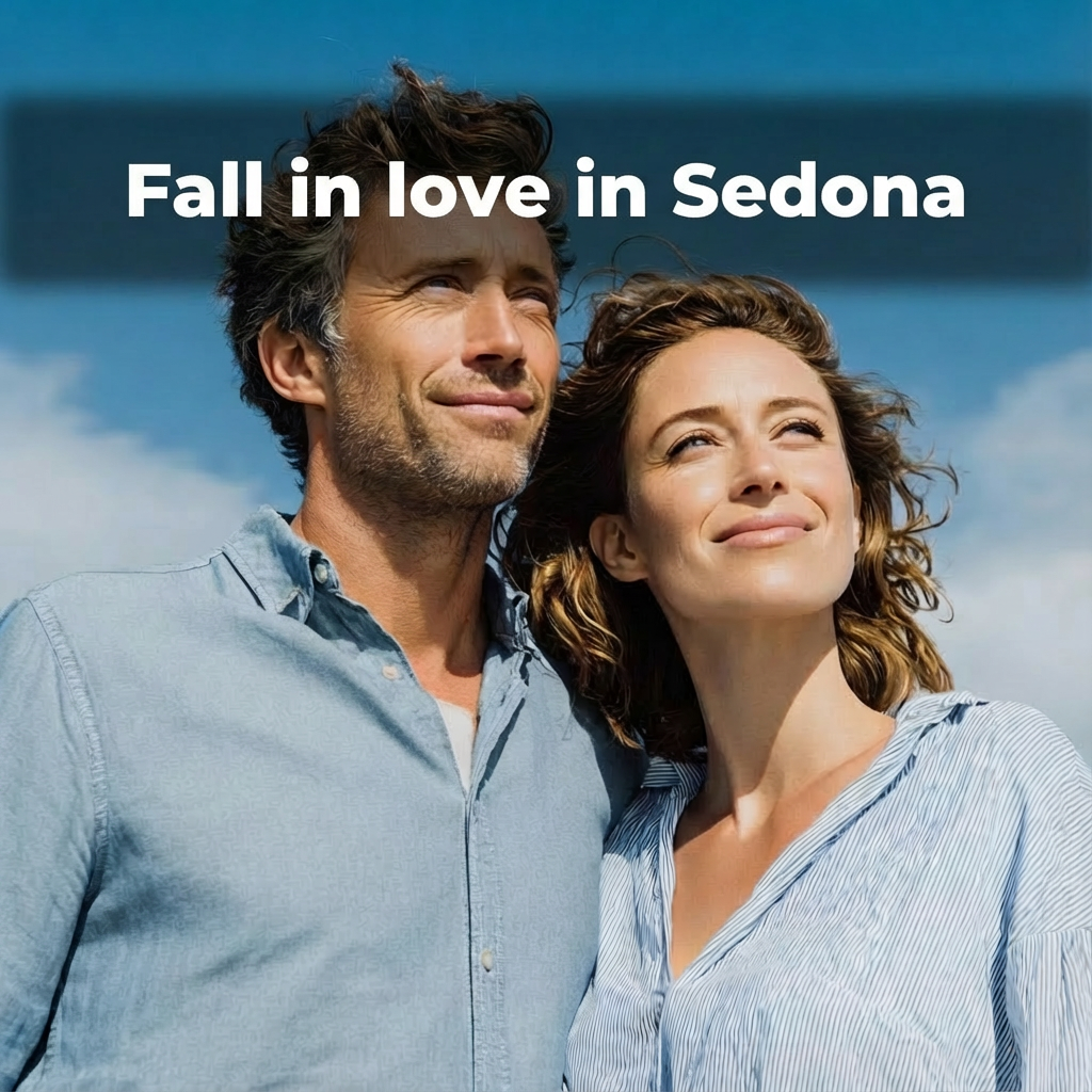 Sedona couple looking up at a blue sky with the headline text “Fall in love in Sedona” across the top.