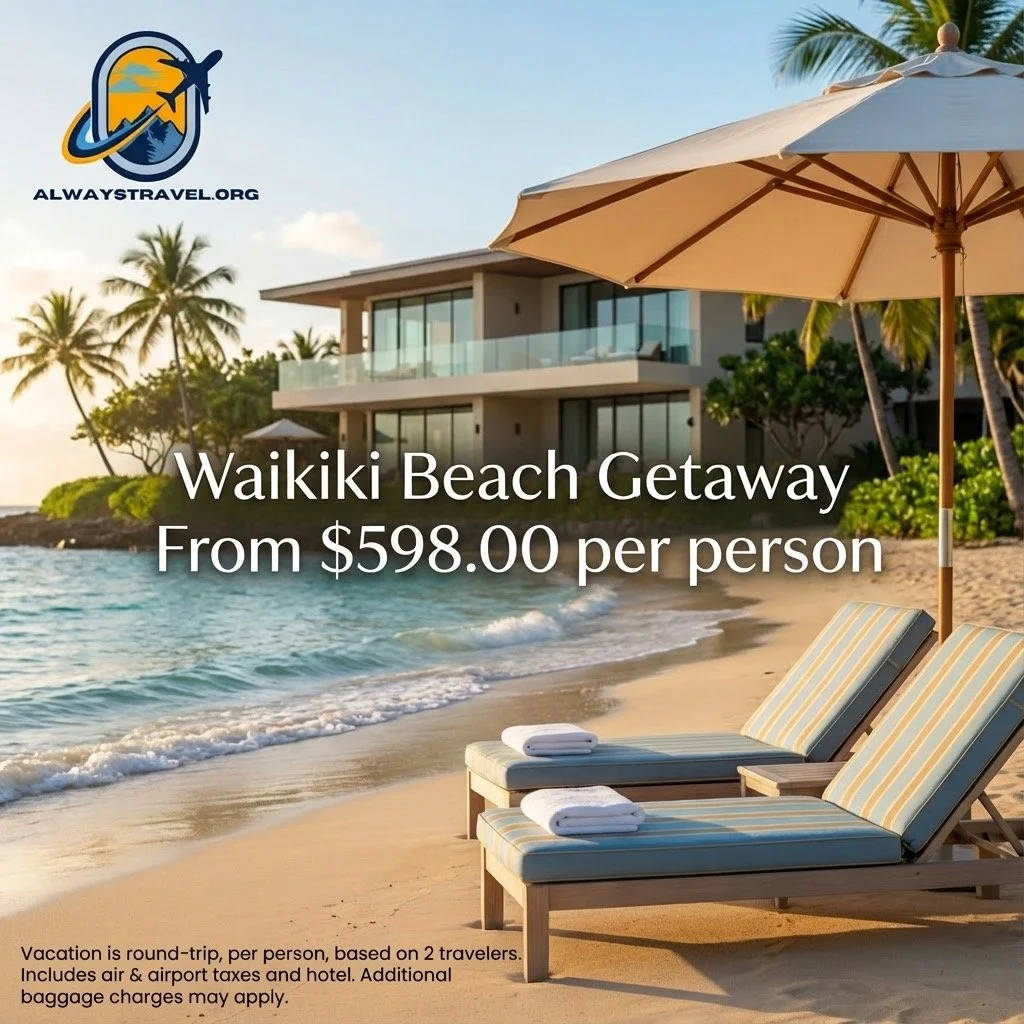 Waikiki Beach getaway with oceanfront lounge chairs, palm trees, and a beachfront hotel in Hawaii at sunset