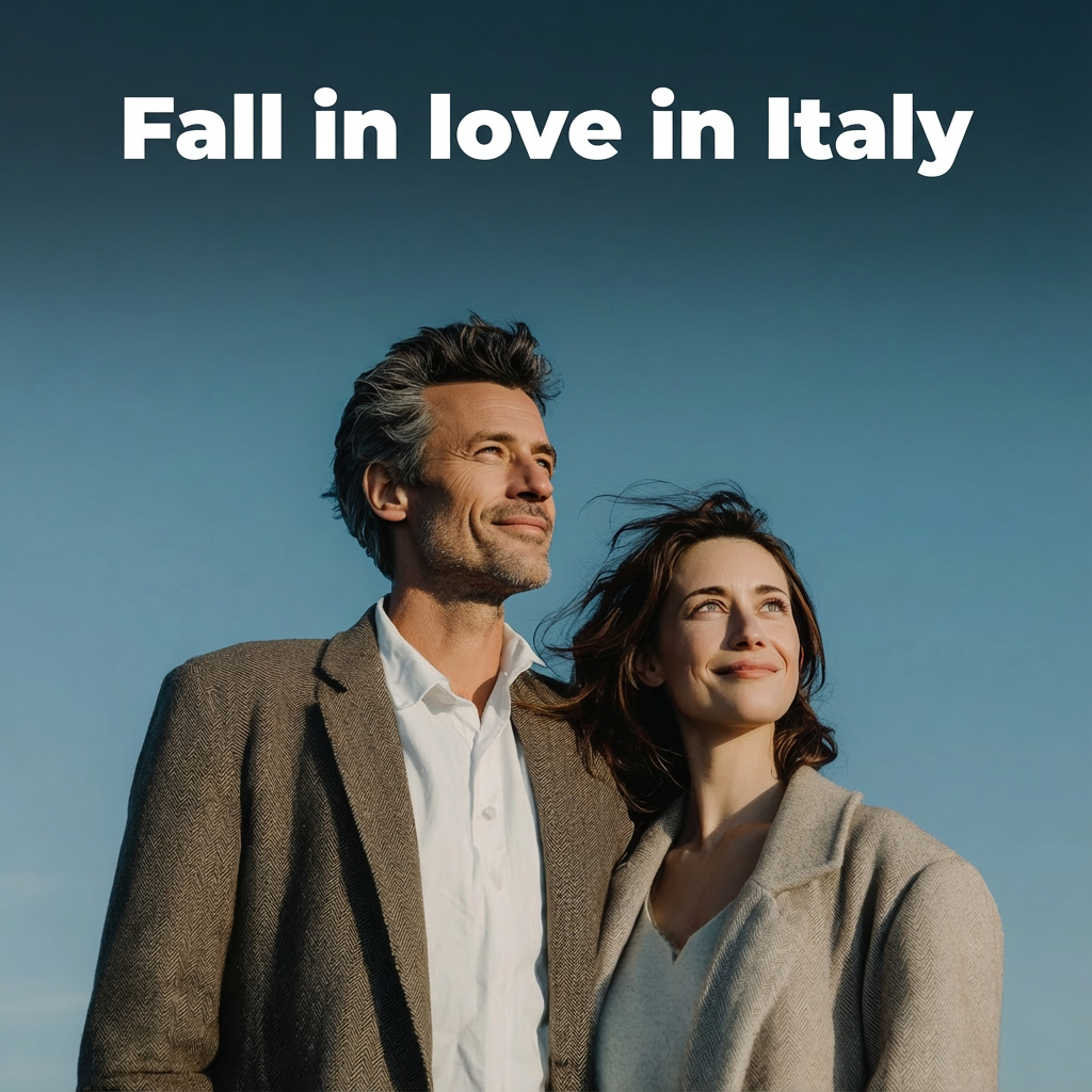 Couple standing close and smiling while looking into the distance under a dark blue sky, with the headline text “Fall in love in Italy” at the top.