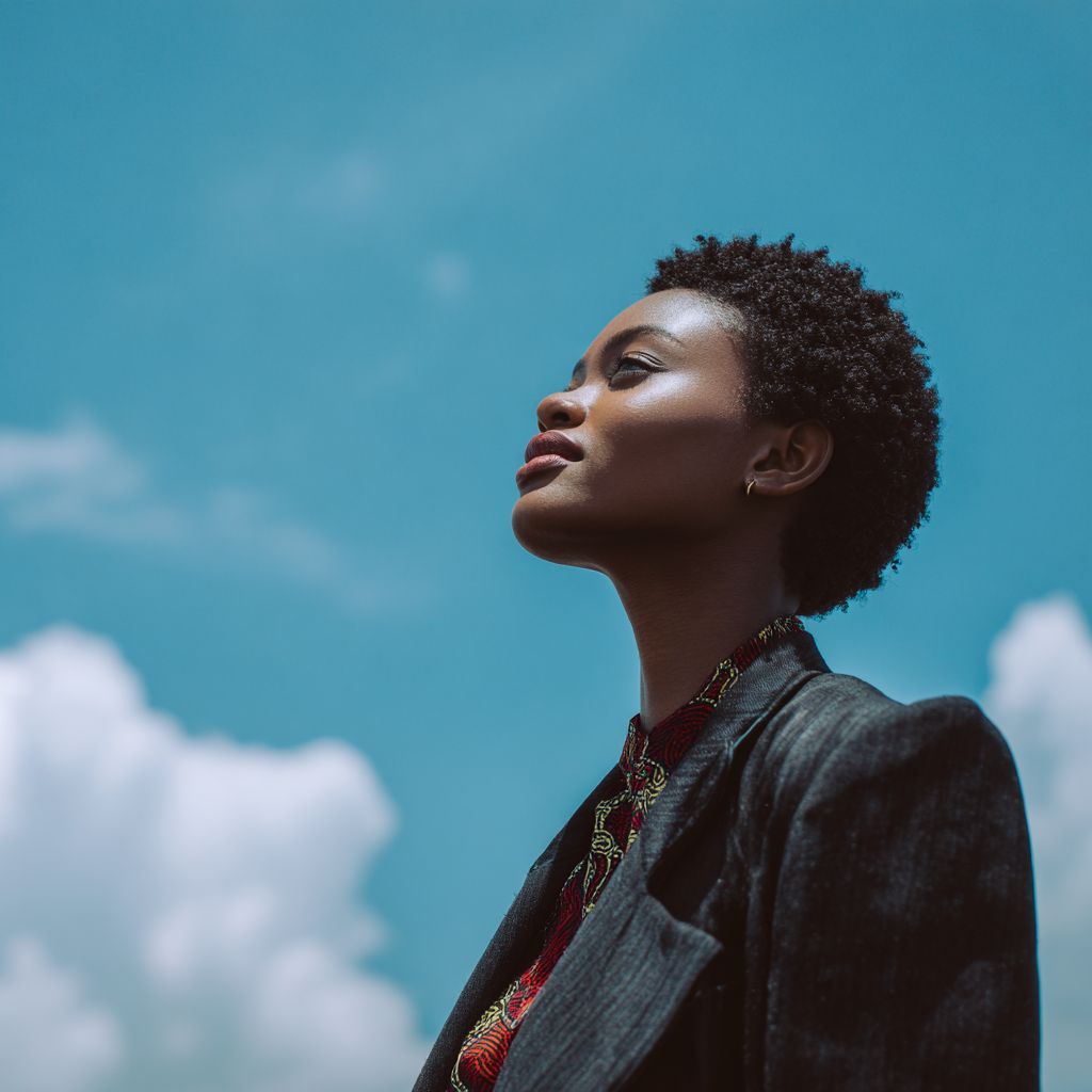 a young lady looking upwards to a blue sky 