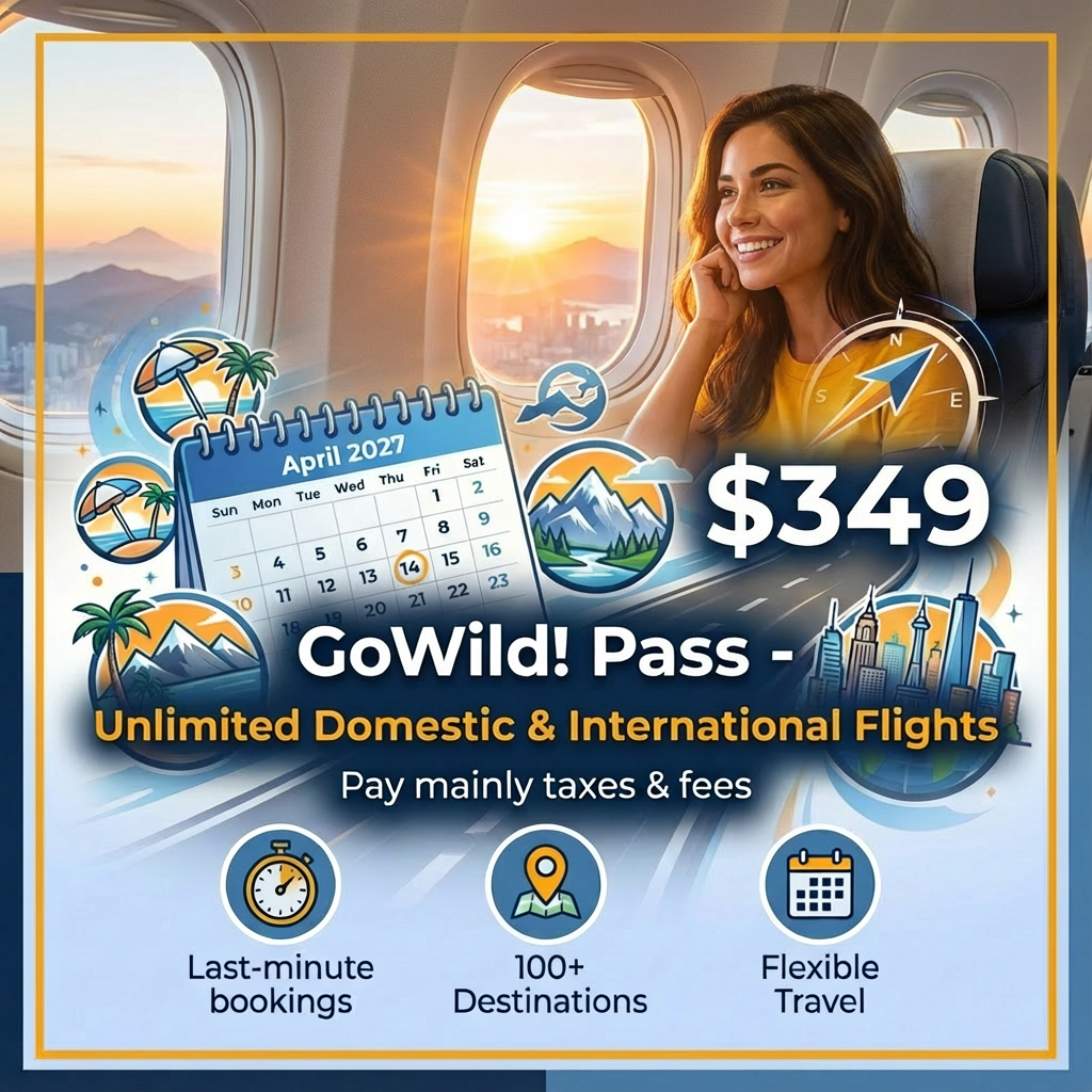 Illustrated travel promo showing a woman smiling by an airplane window with sunset views, a calendar marked April 2027, and text advertising Frontier’s GoWild Pass with unlimited domestic and international flights, last-minute bookings, and 100+ dest