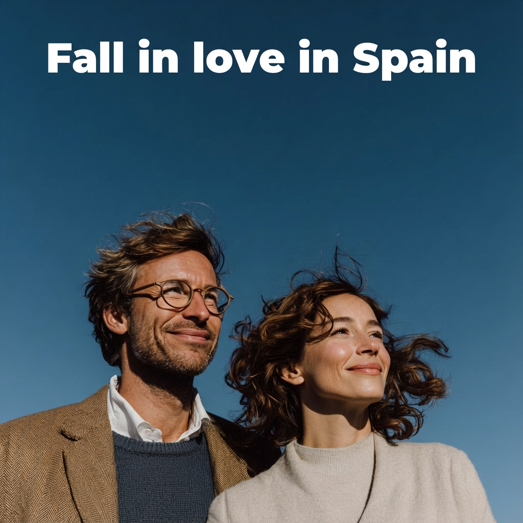 Couple standing close and smiling while looking into the distance under a dramatic dark-blue sky, with the headline text “Fall in love in Spain” at the top.