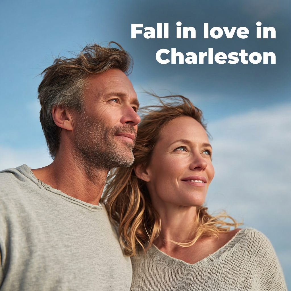 Charleston romantic getaway cover image showing a couple looking into the distance under a blue sky with the headline “Fall in love in Charleston”.