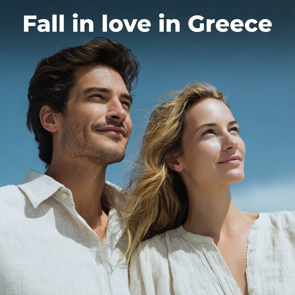 Couple standing close and smiling while looking into the distance under a clear blue sky, with the headline text “Fall in love in Greece” at the top.