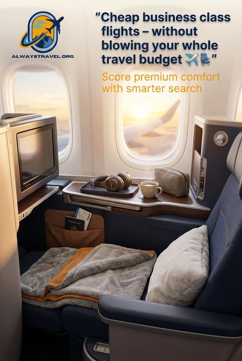Cozy business-class airplane seat by a window at sunrise, with a blanket and pillow on the seat, headphones, coffee, and amenity kit on the side table, and the AlwaysTravel.org logo and text about cheap business class flights on the wall.