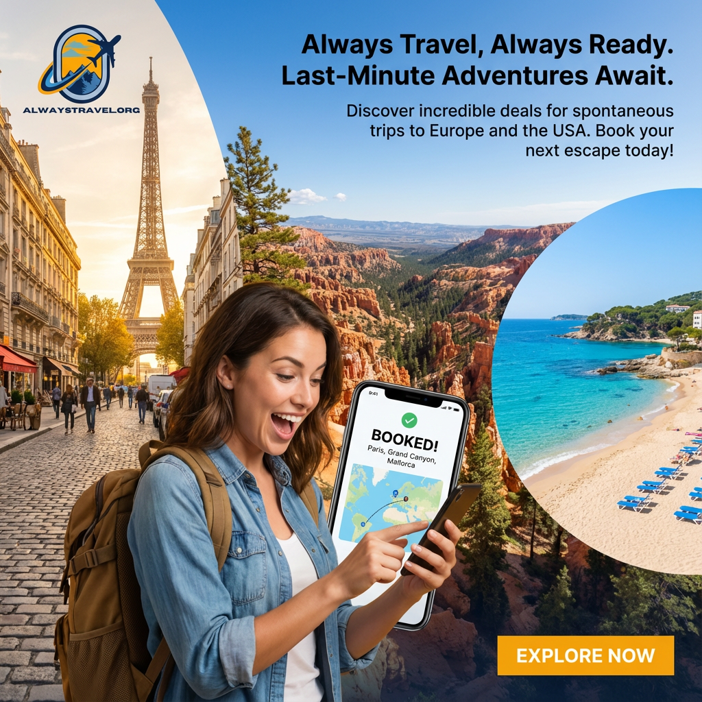 “Traveler excitedly pointing at spontaneous travel deals on a phone, with iconic destinations like Rome, the Grand Canyon, and a tropical beach — promoting last-minute vacation offers from AlwaysTravel.org.”