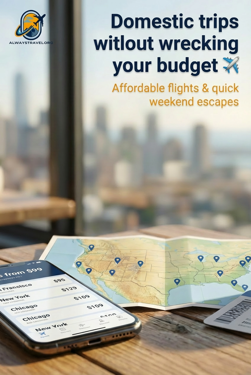 “Cozy café table overlooking a US city skyline with a phone showing cheap flight prices, a map of the United States with pins, boarding pass, coffee cup and sunglasses, with the text ‘Domestic trips without wrecking your budget – Affordable flights &