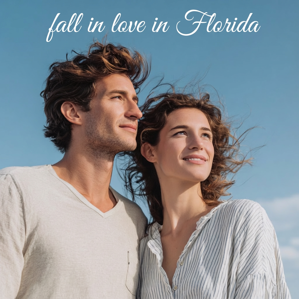Couple standing close and smiling while looking into the distance under a clear blue sky, with the headline text “Fall in love in Florida” at the top.