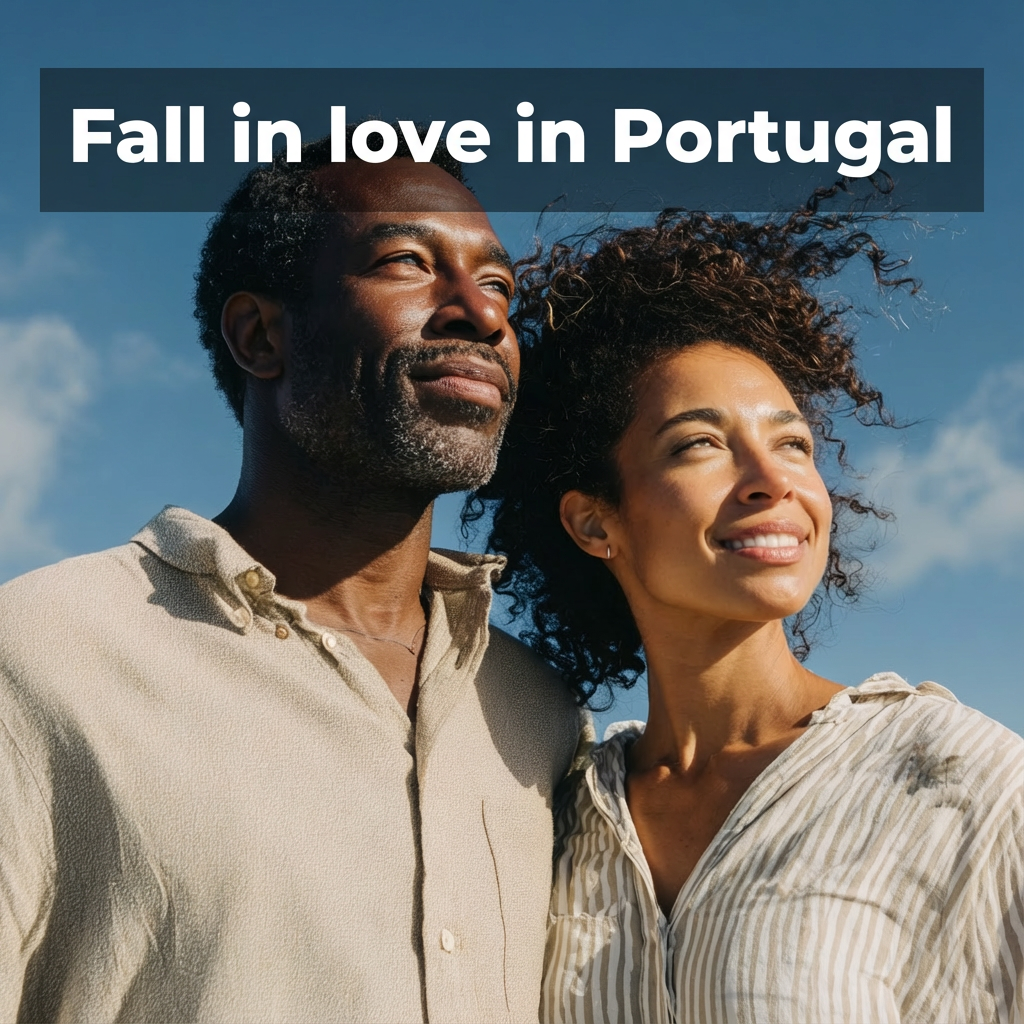 Smiling couple standing close in warm sunlight under a blue sky, with a dark banner headline reading “Fall in love in Portugal” across the top.
