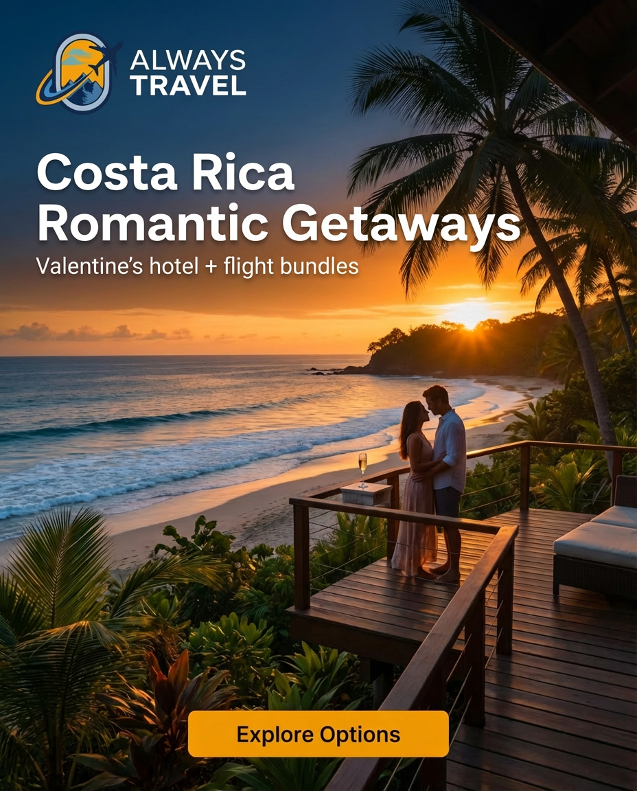 AlwaysTravel promo image showing a couple on a wooden terrace at sunset overlooking a Costa Rica beach with palm trees, titled Costa Rica Romantic Getaways with Valentine’s hotel + flight bundles and an Explore Options button.