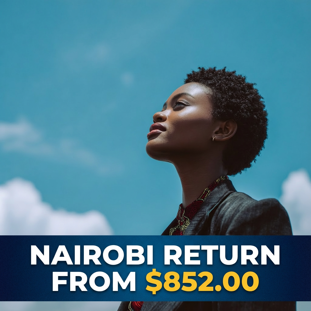 Woman looking toward the sky with text “Nairobi return from $852” promoting flight deals to Nairobi from the U.S.