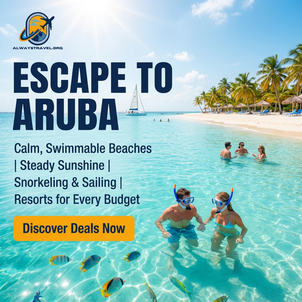 Couple snorkeling in crystal-clear turquoise water on a calm Aruba beach with palm trees, soft sand, and a sailboat in the distance, with “Escape to Aruba” travel offer text overlay.