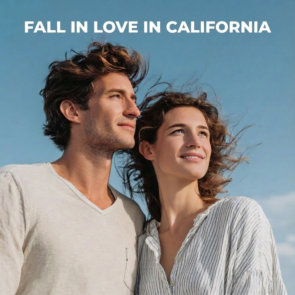 Couple standing close and smiling while looking into the distance under a clear blue sky, with the headline text “FALL IN LOVE IN CALIFORNIA” at the top.