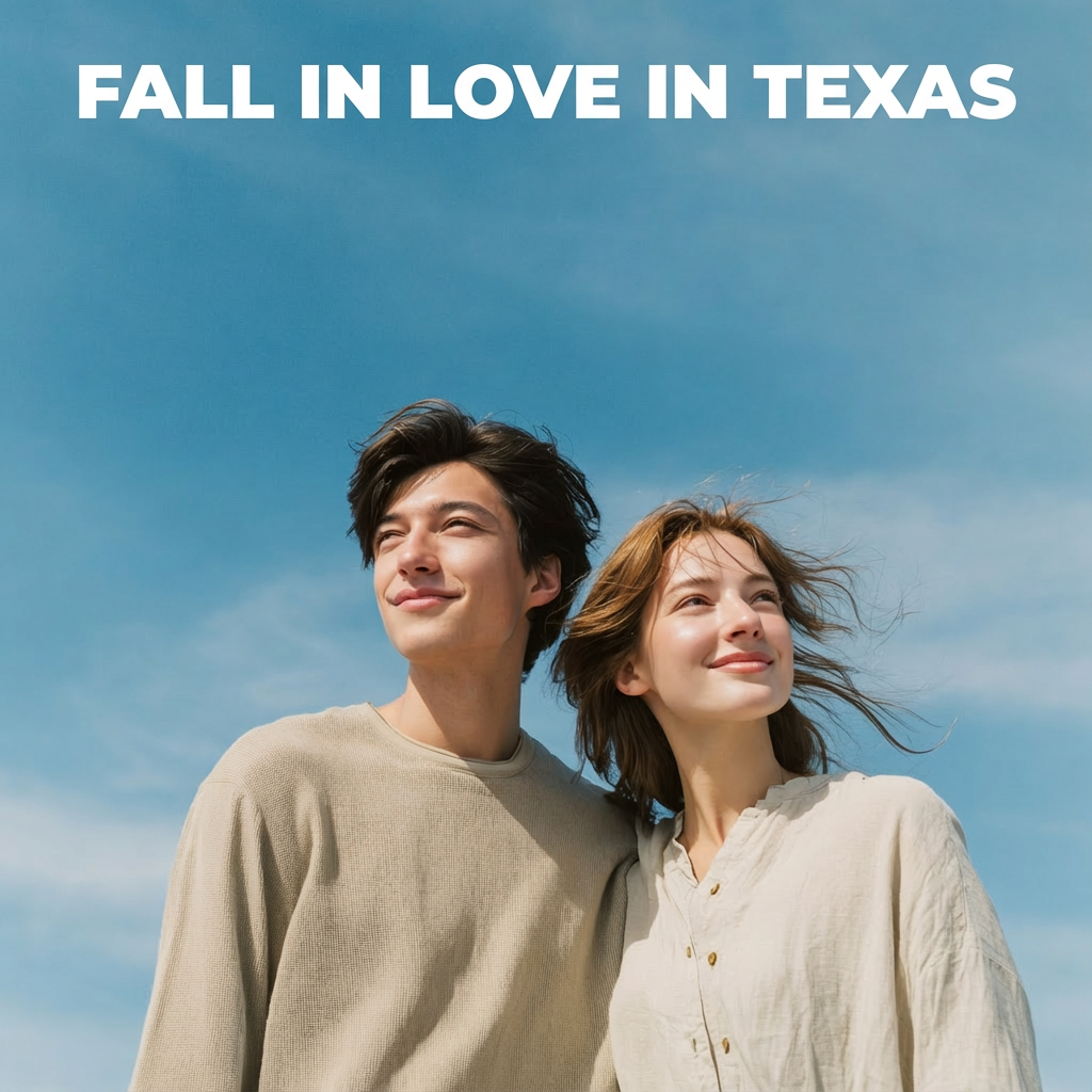 Couple standing close and smiling while looking into the distance under a clear blue sky, with the headline text “FALL IN LOVE IN TEXAS” at the top.