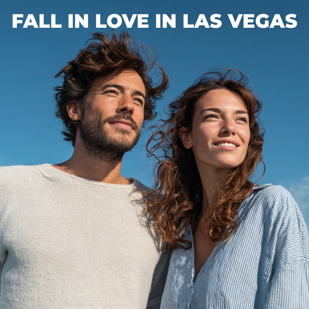 Couple standing close and smiling while looking into the distance under a clear blue sky, with the headline text “FALL IN LOVE IN LAS VEGAS” at the top.