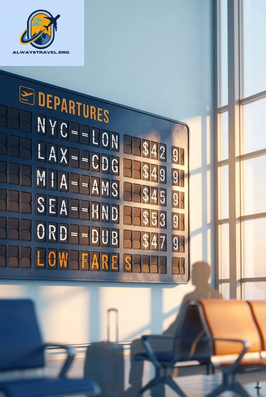 Airport departures board at golden hour showing low international fares from U.S. cities (NYC–London, LAX–Paris, Miami–Amsterdam, Seattle–Tokyo, Chicago–Dublin) with the AlwaysTravel.org logo in the top left and empty terminal seats in the foreground