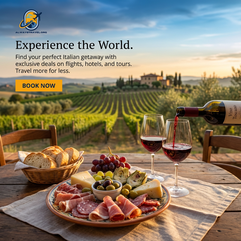 Rustic outdoor table with Italian wine, bread, cheese, olives, and cured meats overlooking a Tuscan vineyard at sunset