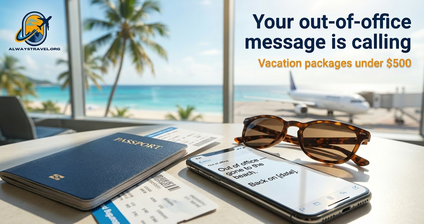 Alt text: Open passport, boarding passes, phone with “Out of office — gone to the beach” message and sunglasses on an airport lounge table, with a tropical beach and airplane outside the window and text saying “Your out-of-office message is calling –