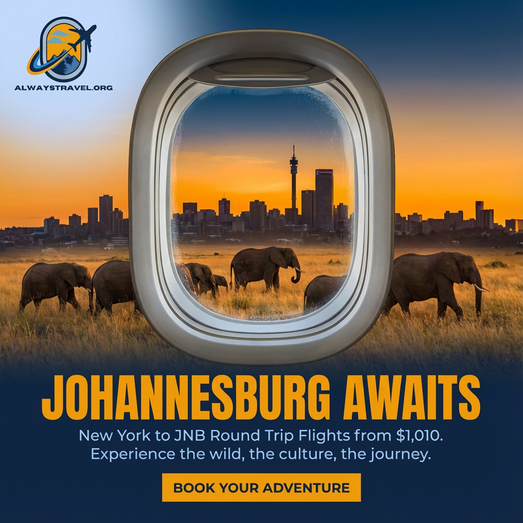 Airplane window view of elephants walking on the savannah with the Johannesburg skyline at sunset, advertising New York to JNB round-trip flights from $1,010.”